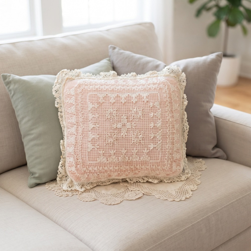 Vintage Handmade Crochet Lace Throw Pillow Peach Pink Cottagecore Victorian 12in